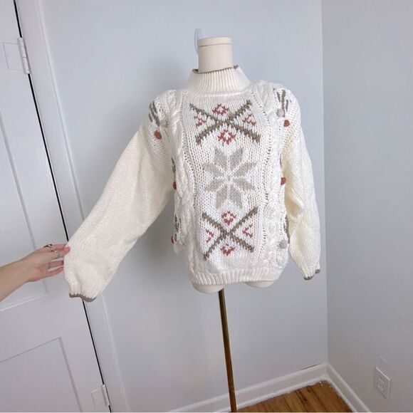 Vtg Handmade Cable Knit Chunky Sweater Cream Womens L CottageCore Western Boho - Picture 7 of 10